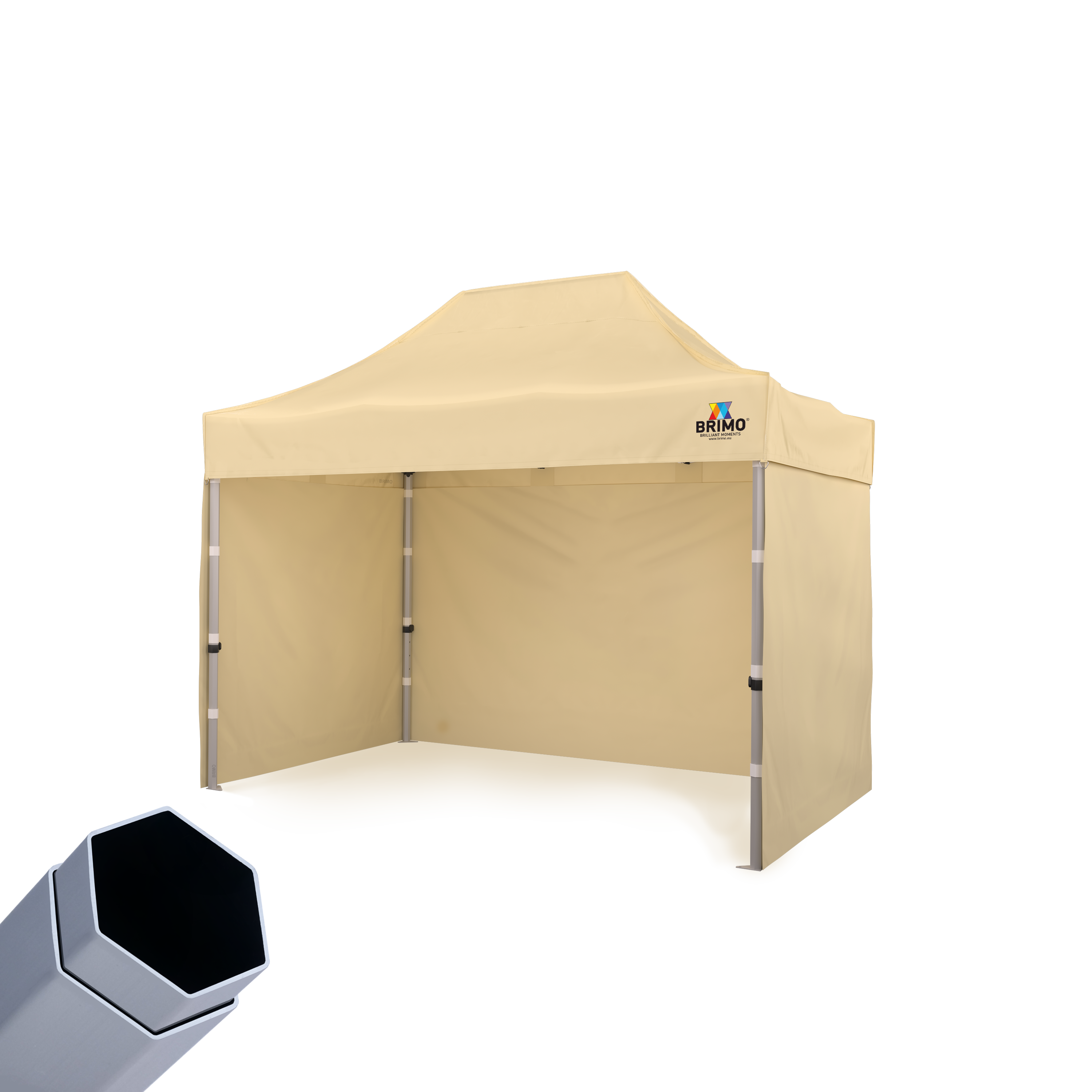 Béžový nožnicový stan 2x3m s klenutou strechou a čiastočnými bočnými stenami. Vedľa je detail hexagonálnej nohy, zdôrazňujúci pevnú konštrukciu.