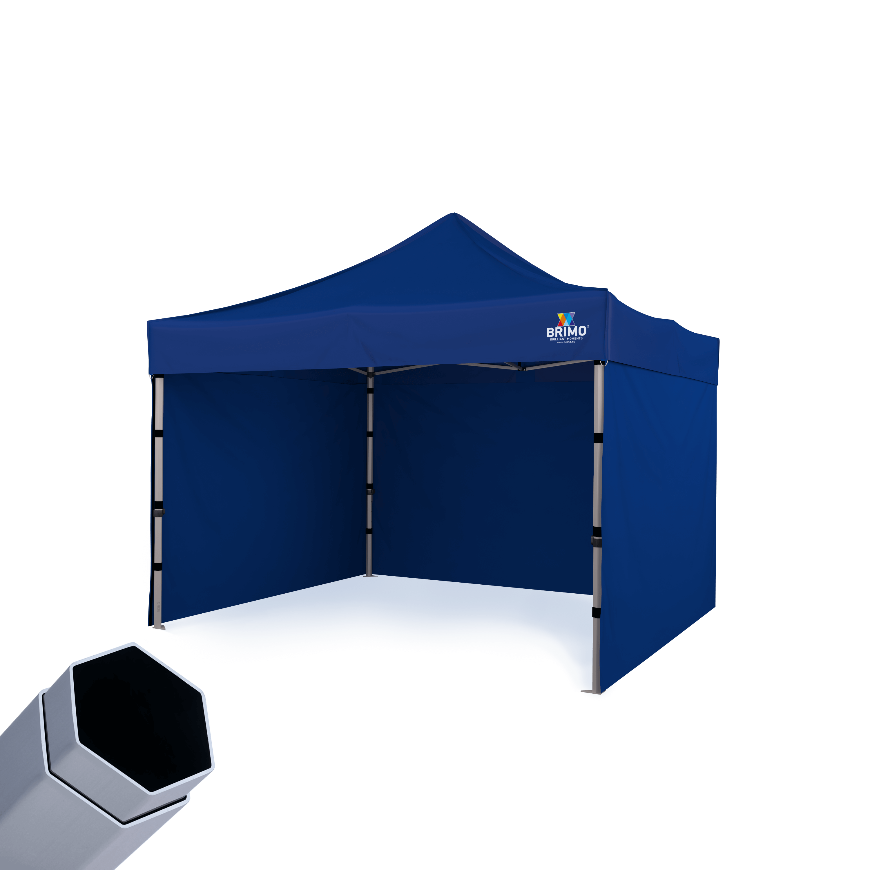 Modrý predajný nožnicový stánok 3x3m s bočnými stenami. V ľavom rohu detail šesťhranného (hexagonálneho) strieborného profilu konštrukcie stĺpa.