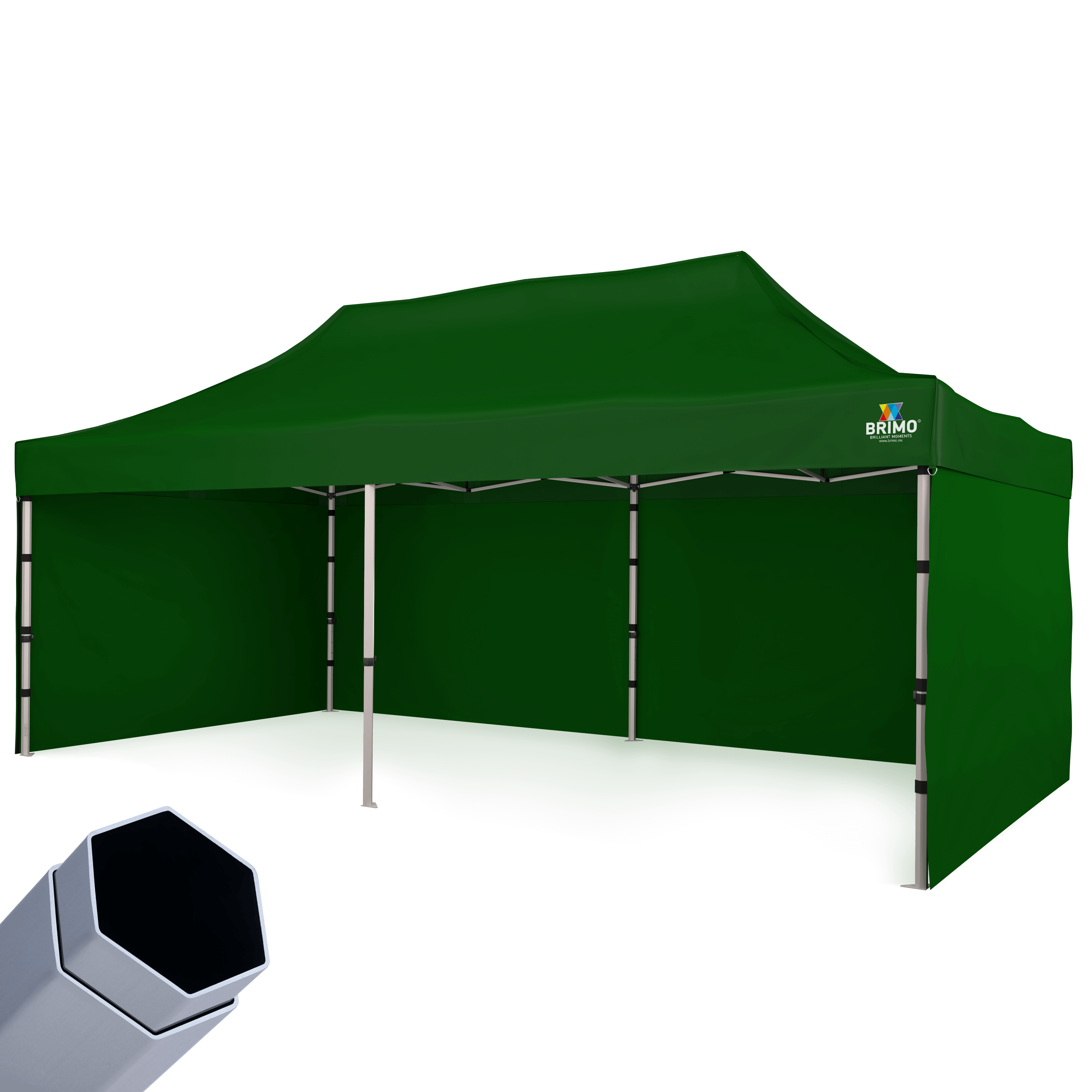 Zelený nožnicový stan s prepravným obalom, vhodný na hasičské a športové akcie.